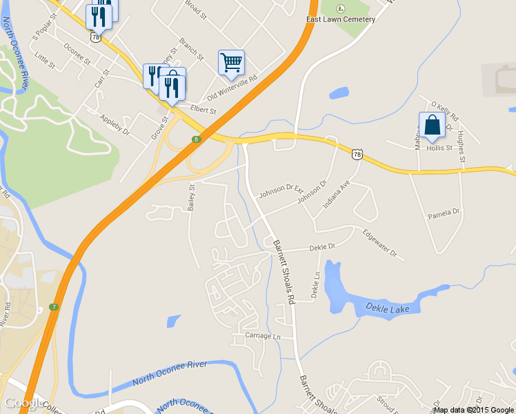 map of restaurants, bars, coffee shops, grocery stores, and more near Barnett Shoals Road in Athens