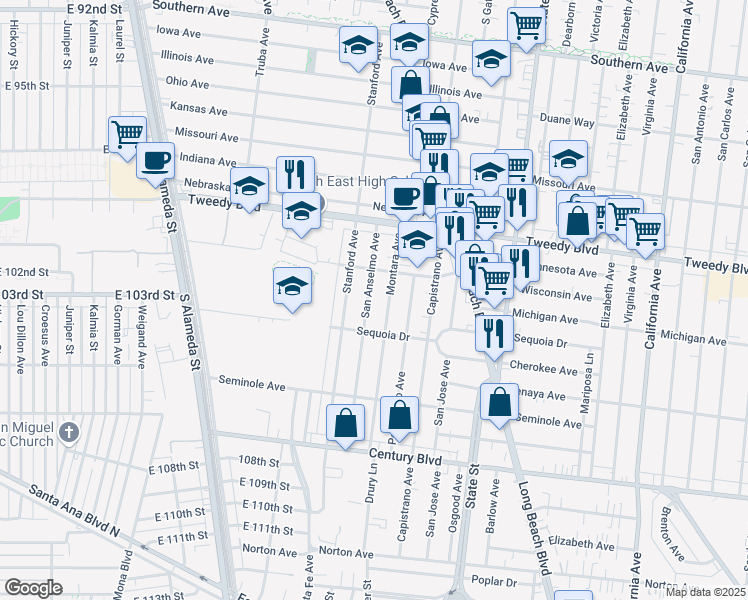 map of restaurants, bars, coffee shops, grocery stores, and more near 10200 San Anselmo Avenue in South Gate