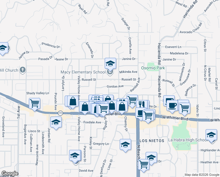 map of restaurants, bars, coffee shops, grocery stores, and more near 9262 Gordon Avenue in La Habra