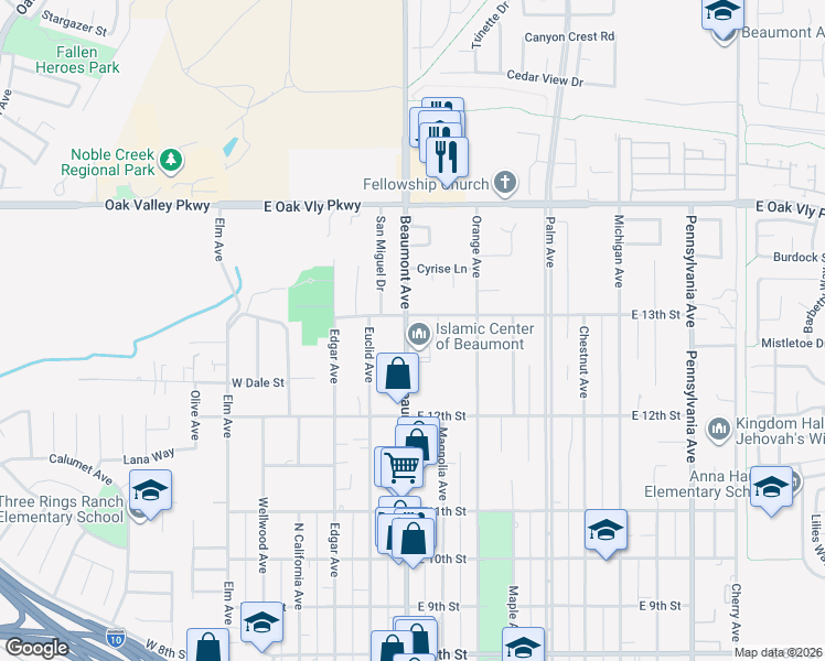 map of restaurants, bars, coffee shops, grocery stores, and more near 1280 Beaumont Avenue in Beaumont