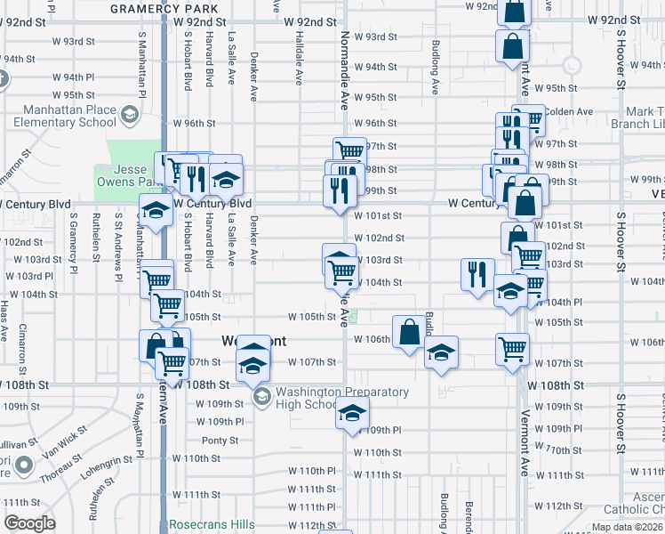 map of restaurants, bars, coffee shops, grocery stores, and more near 10225 Normandie Avenue in Los Angeles