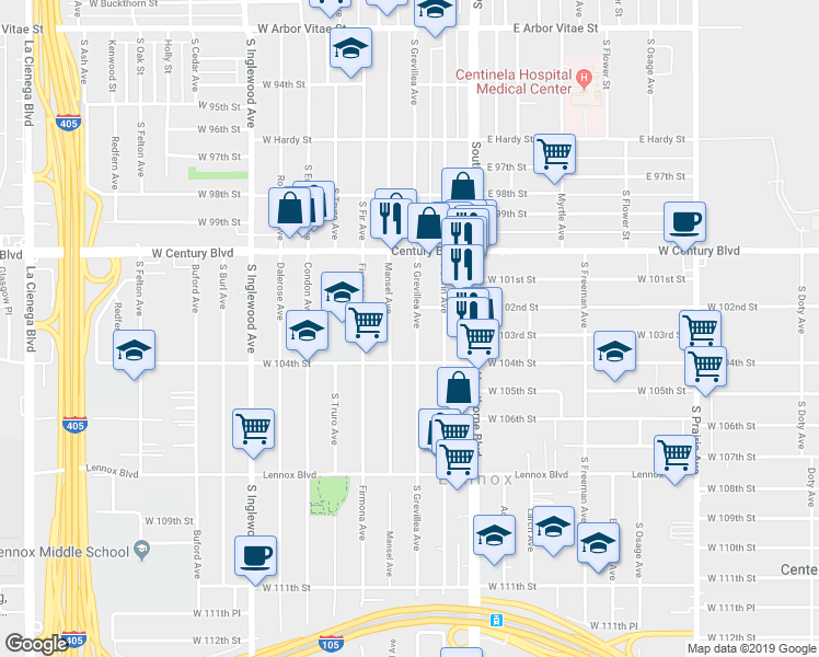 map of restaurants, bars, coffee shops, grocery stores, and more near 10223 South Grevillea Avenue in Inglewood