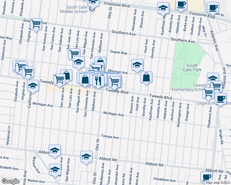 map of restaurants, bars, coffee shops, grocery stores, and more near 9840 Bowman Avenue in South Gate
