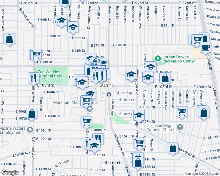 map of restaurants, bars, coffee shops, grocery stores, and more near 1686 East 103rd Street in Los Angeles