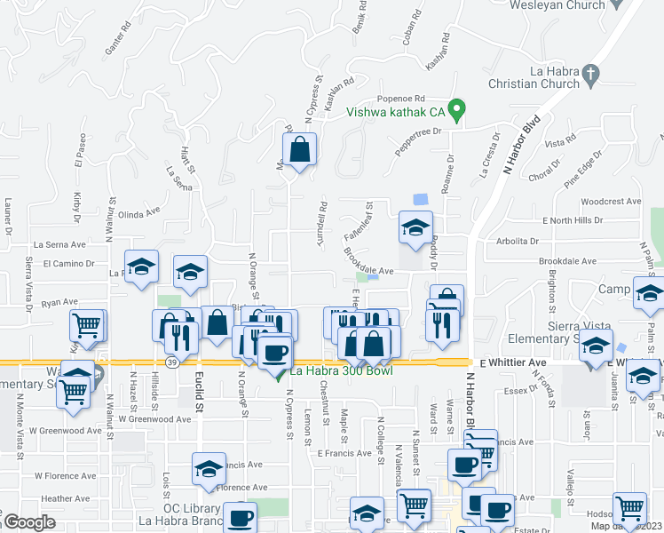 map of restaurants, bars, coffee shops, grocery stores, and more near 11111 Magda Lane in La Habra