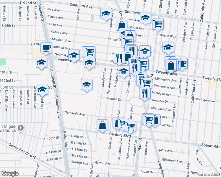 map of restaurants, bars, coffee shops, grocery stores, and more near 10200 San Anselmo Avenue in South Gate