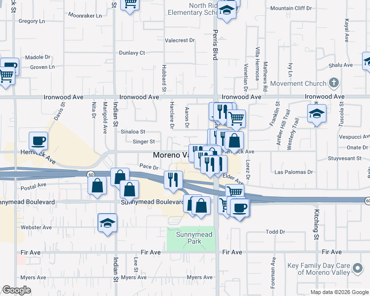 map of restaurants, bars, coffee shops, grocery stores, and more near 12243 Orchid Lane in Moreno Valley