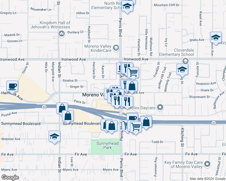map of restaurants, bars, coffee shops, grocery stores, and more near 12241 Carnation Lane in Moreno Valley