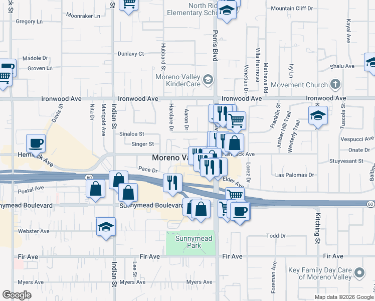 map of restaurants, bars, coffee shops, grocery stores, and more near 12237 Orchid Lane in Moreno Valley