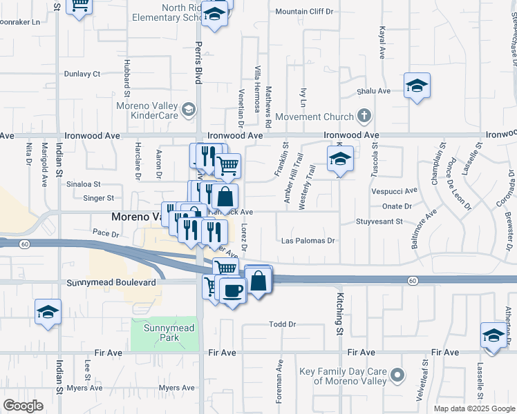 map of restaurants, bars, coffee shops, grocery stores, and more near 25212 Hemlock Avenue in Moreno Valley