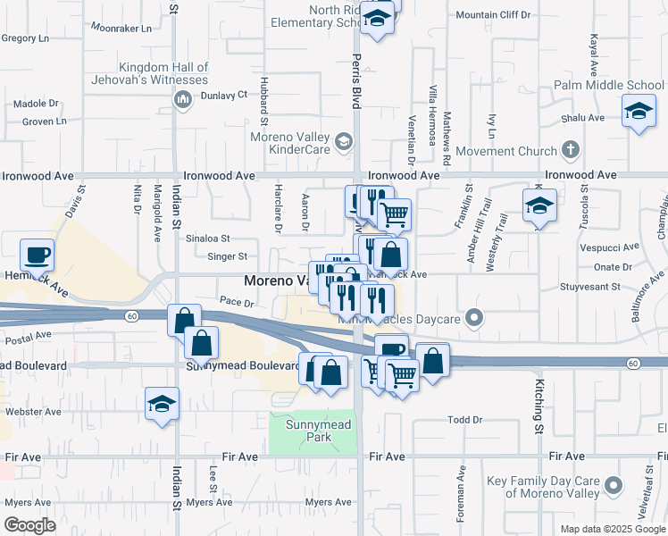 map of restaurants, bars, coffee shops, grocery stores, and more near 12241 Carnation Lane in Moreno Valley