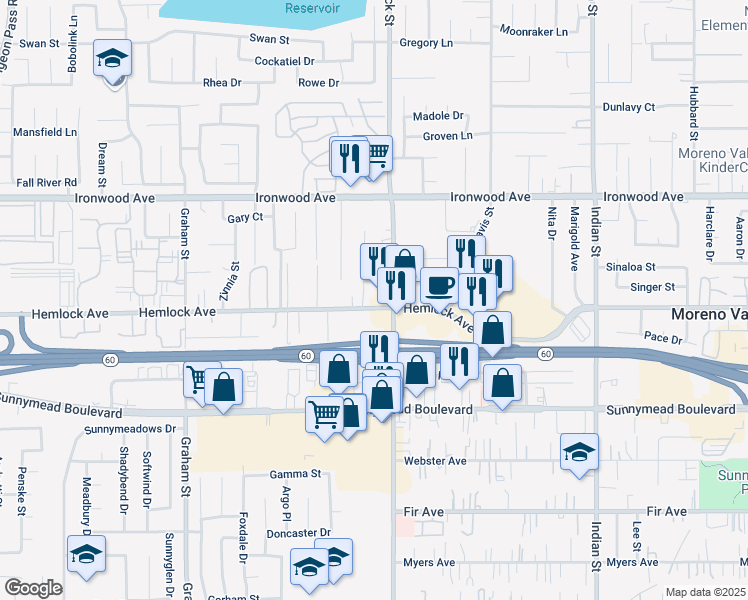 map of restaurants, bars, coffee shops, grocery stores, and more near 23986 Hemlock Avenue in Moreno Valley