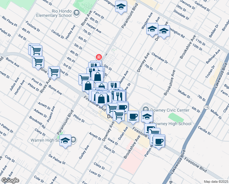 map of restaurants, bars, coffee shops, grocery stores, and more near 11021 La Reina Ave in Downey