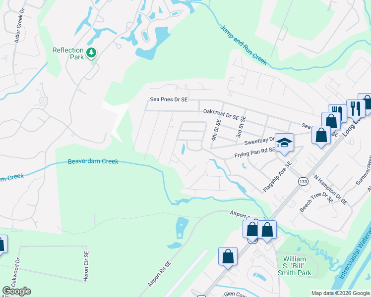 map of restaurants, bars, coffee shops, grocery stores, and more near 4231 Cherry Laurel Lane Southeast in Southport