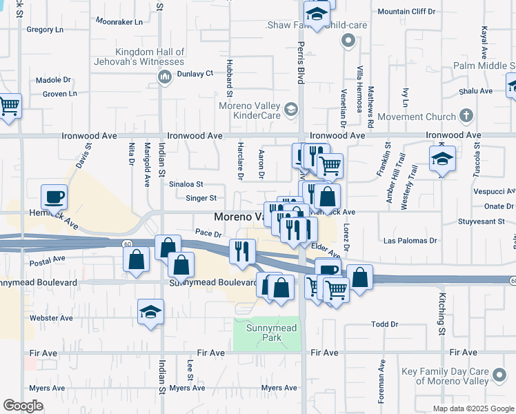 map of restaurants, bars, coffee shops, grocery stores, and more near 12243 Orchid Lane in Moreno Valley