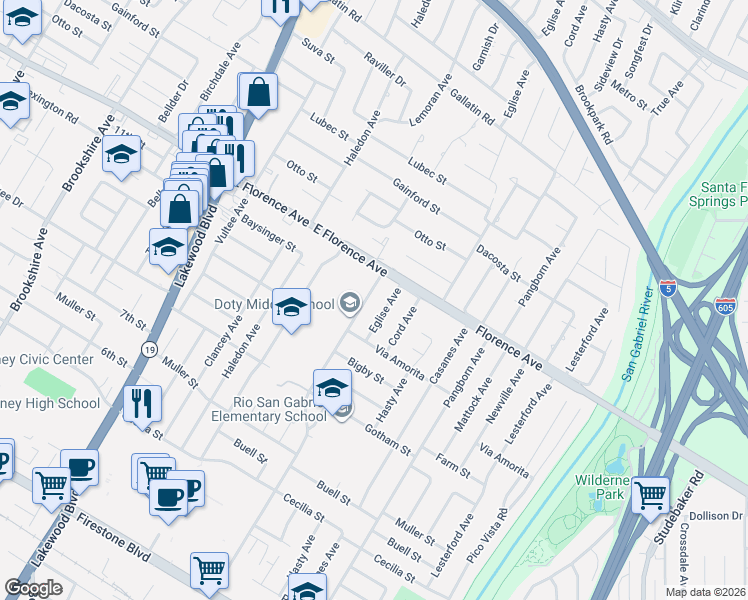 map of restaurants, bars, coffee shops, grocery stores, and more near 10230 Woodruff Avenue in Downey