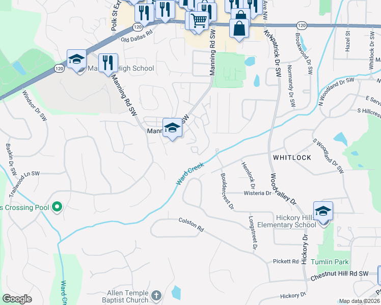 map of restaurants, bars, coffee shops, grocery stores, and more near 374 Manning Villas Drive in Marietta