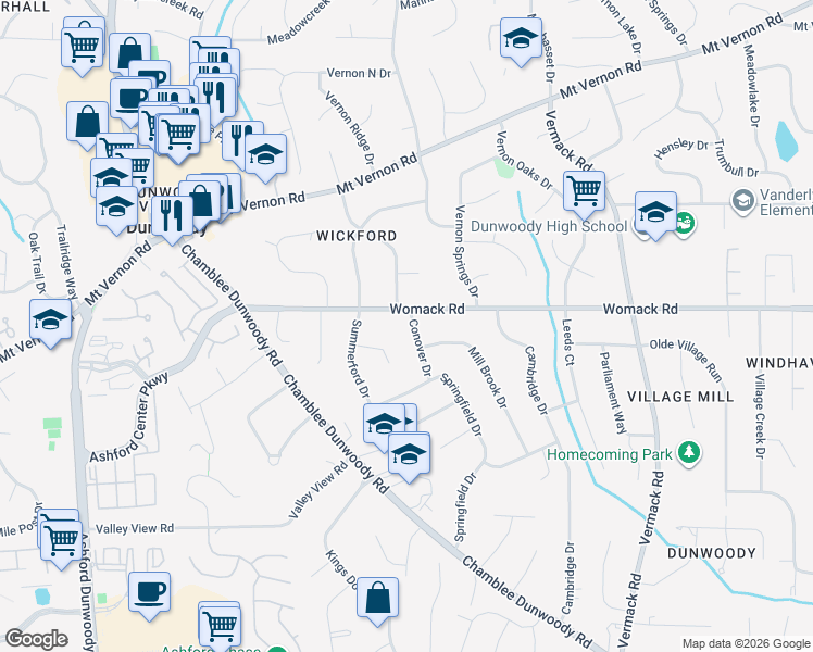 map of restaurants, bars, coffee shops, grocery stores, and more near 4950 Conover Drive in Dunwoody