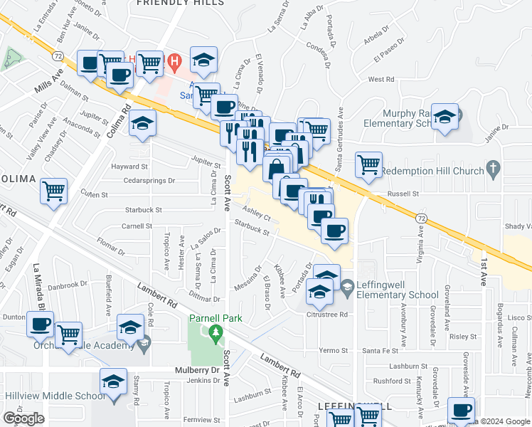 map of restaurants, bars, coffee shops, grocery stores, and more near 15405 Ashley Court in Whittier