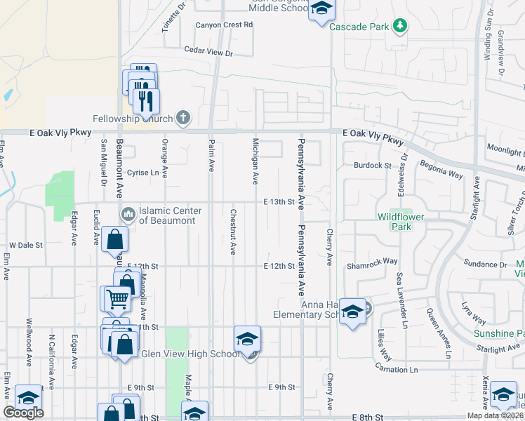 map of restaurants, bars, coffee shops, grocery stores, and more near 1270 Michigan Avenue in Beaumont