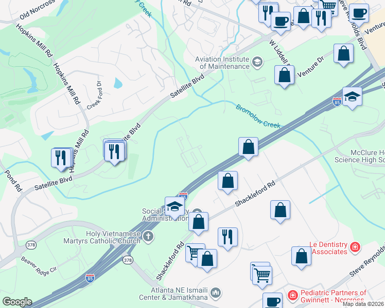 map of restaurants, bars, coffee shops, grocery stores, and more near 4370 Satellite Boulevard in Duluth
