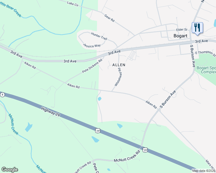 map of restaurants, bars, coffee shops, grocery stores, and more near 1270 Aiken Road in Bogart