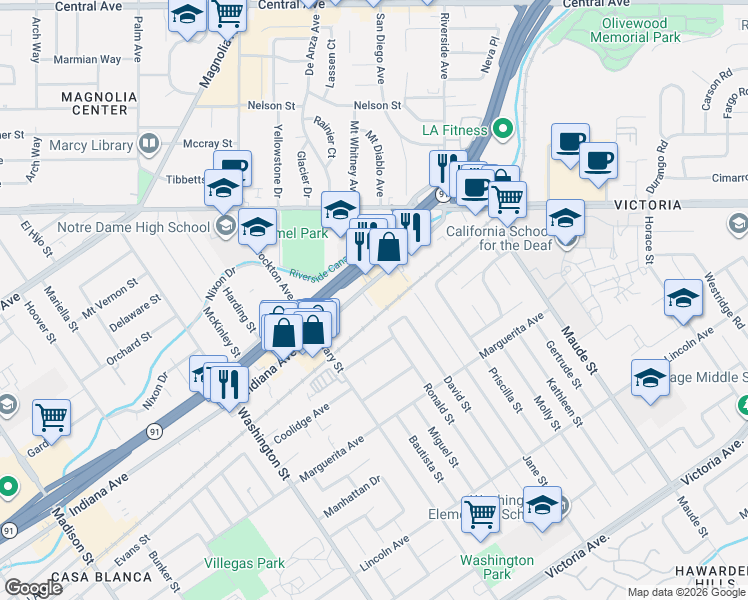 map of restaurants, bars, coffee shops, grocery stores, and more near 6780 Indiana Avenue in Riverside