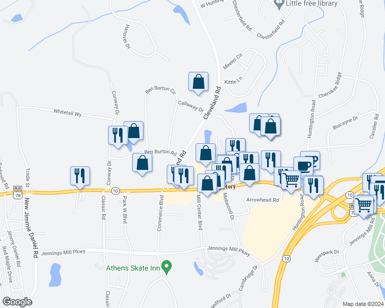 map of restaurants, bars, coffee shops, grocery stores, and more near 250 Cleveland Road in Bogart