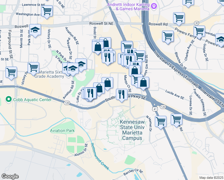 map of restaurants, bars, coffee shops, grocery stores, and more near 393 Lockheed Avenue Southeast in Marietta