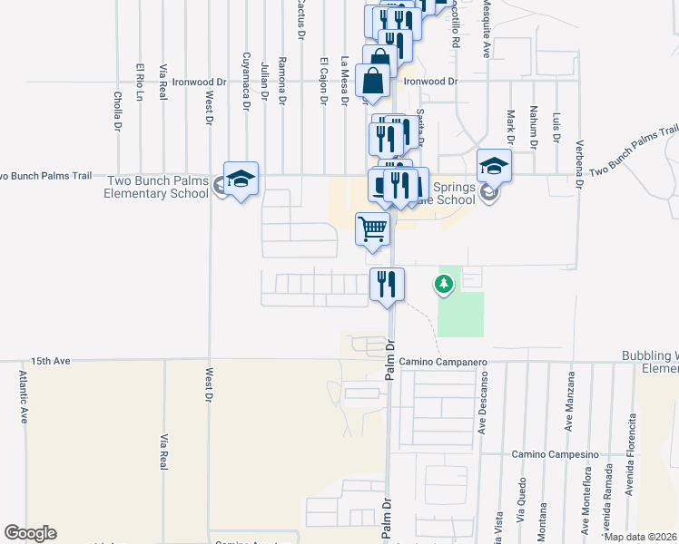 map of restaurants, bars, coffee shops, grocery stores, and more near 14492 East Agua Dulce Drive in Desert Hot Springs
