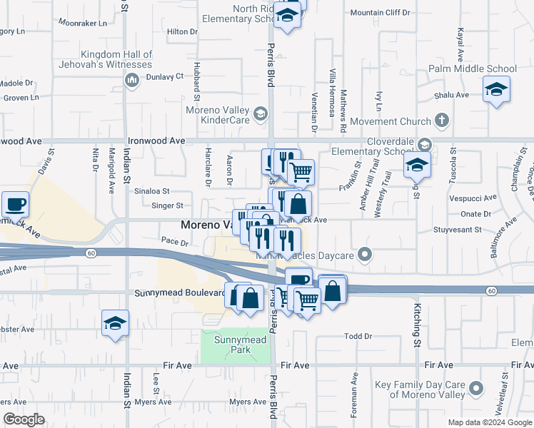 map of restaurants, bars, coffee shops, grocery stores, and more near 12220 Carnation Lane in Moreno Valley