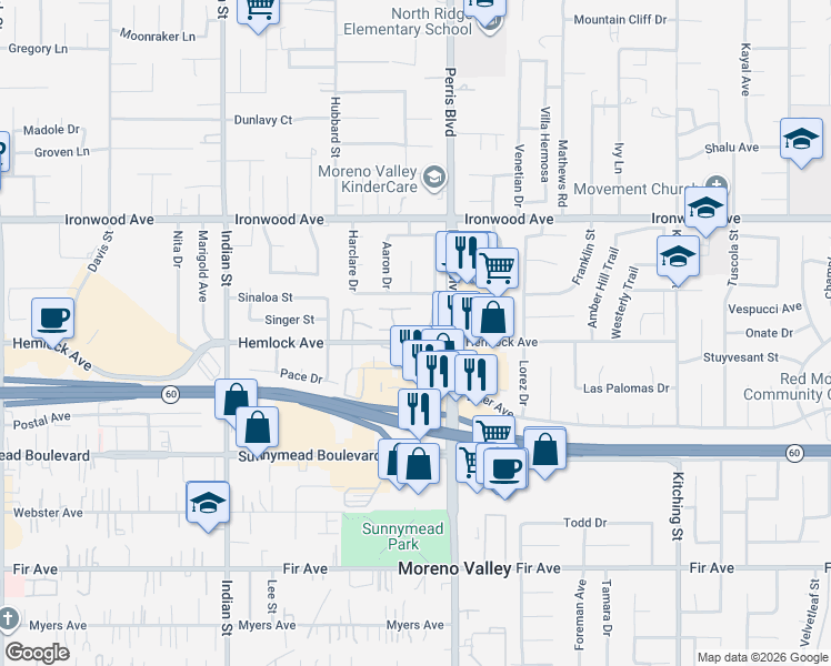 map of restaurants, bars, coffee shops, grocery stores, and more near 12198 Orchid Lane in Moreno Valley