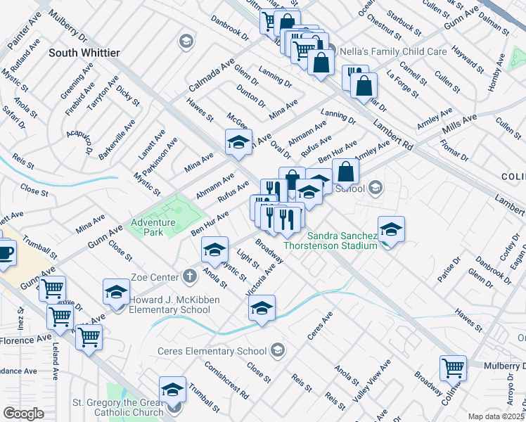 map of restaurants, bars, coffee shops, grocery stores, and more near 9 Dicky Street in Whittier