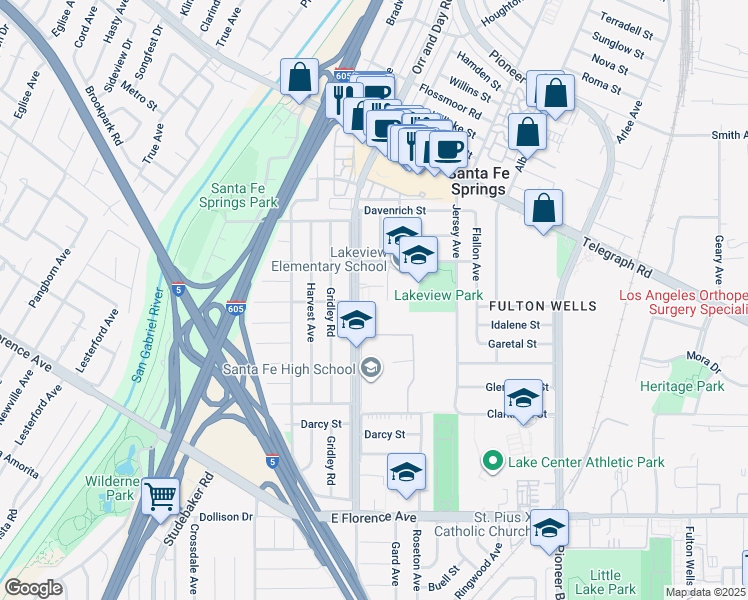 map of restaurants, bars, coffee shops, grocery stores, and more near 10200 Orr and Day Road in Santa Fe Springs