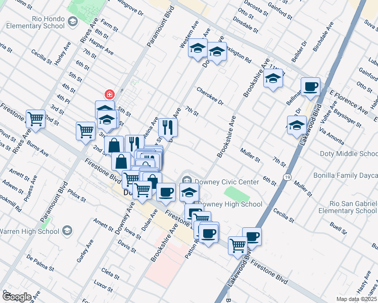 map of restaurants, bars, coffee shops, grocery stores, and more near 8333 5th Street in Downey