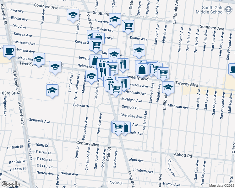 map of restaurants, bars, coffee shops, grocery stores, and more near 10112 Long Beach Boulevard in Lynwood