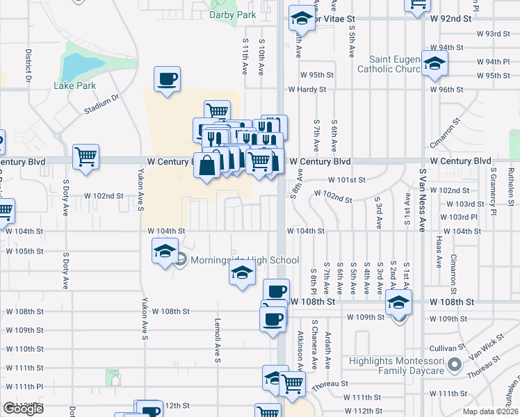map of restaurants, bars, coffee shops, grocery stores, and more near 10202 South 10th Avenue in Inglewood