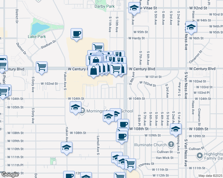 map of restaurants, bars, coffee shops, grocery stores, and more near 10201 Woodworth Avenue in Inglewood