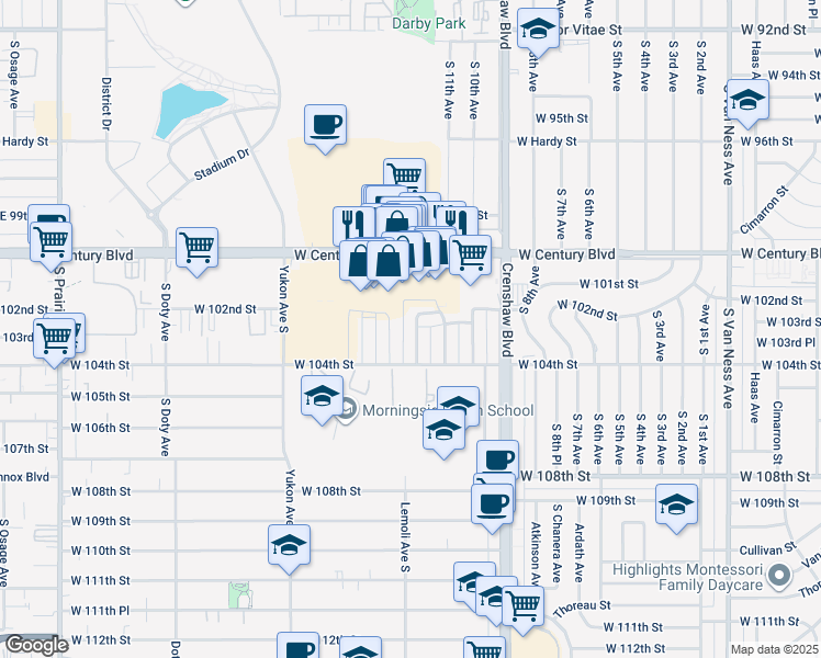 map of restaurants, bars, coffee shops, grocery stores, and more near 10203 England Avenue in Inglewood