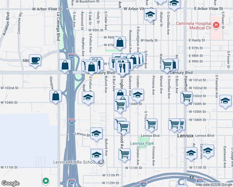 map of restaurants, bars, coffee shops, grocery stores, and more near 10202 South Burl Avenue in Lennox