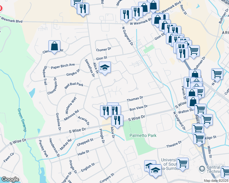 map of restaurants, bars, coffee shops, grocery stores, and more near 2254 Preot Street in Sumter
