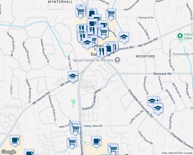 map of restaurants, bars, coffee shops, grocery stores, and more near 1206 Dunwoody Village Drive in Dunwoody