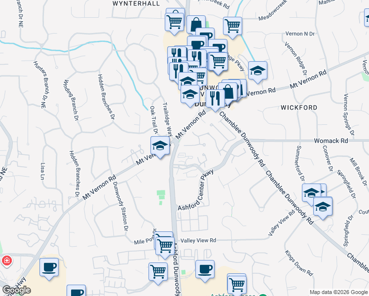 map of restaurants, bars, coffee shops, grocery stores, and more near 1165 Dunwoody Village Drive in Dunwoody