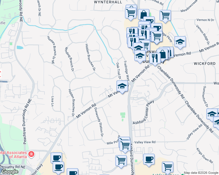 map of restaurants, bars, coffee shops, grocery stores, and more near 4895 Twin Branches Way in Dunwoody