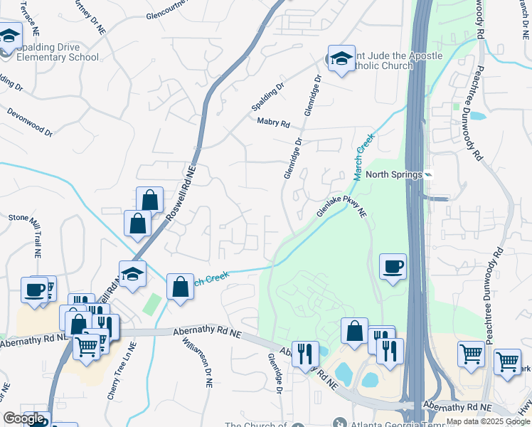 map of restaurants, bars, coffee shops, grocery stores, and more near 6923 Roswell Road in Sandy Springs