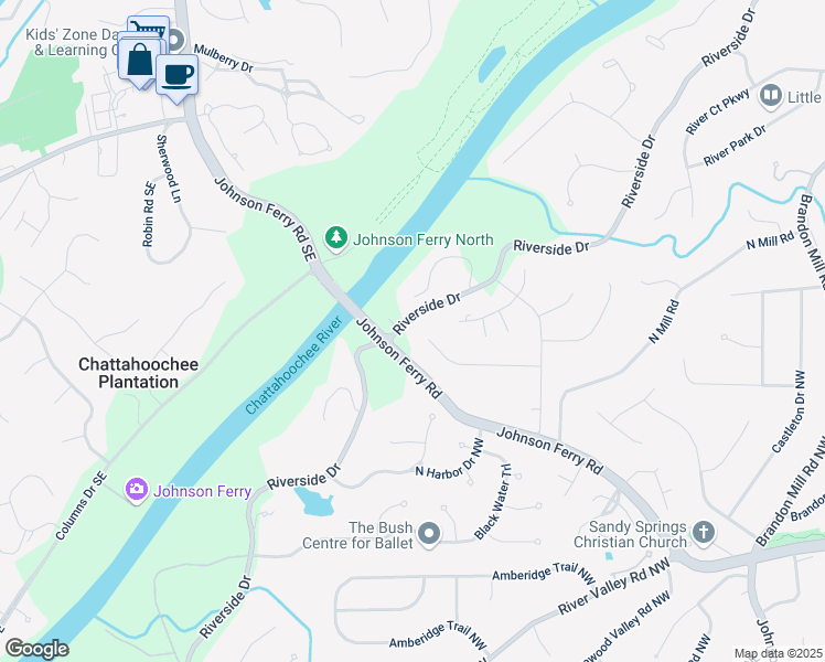 map of restaurants, bars, coffee shops, grocery stores, and more near 6895 Riverside Drive in Atlanta