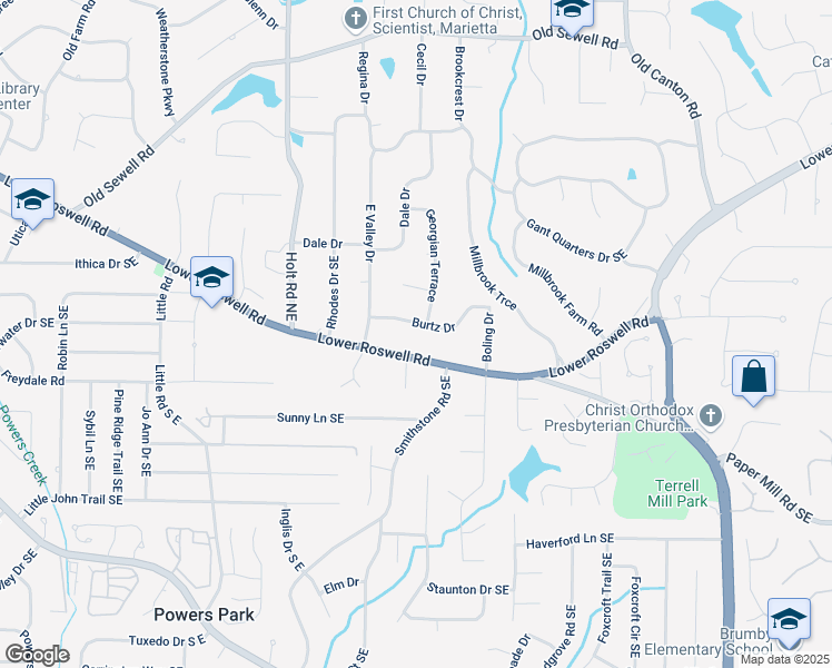 map of restaurants, bars, coffee shops, grocery stores, and more near 2730 Burtz Drive in Marietta
