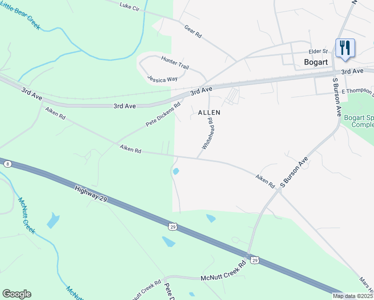 map of restaurants, bars, coffee shops, grocery stores, and more near 1270 Aiken Road in Bogart