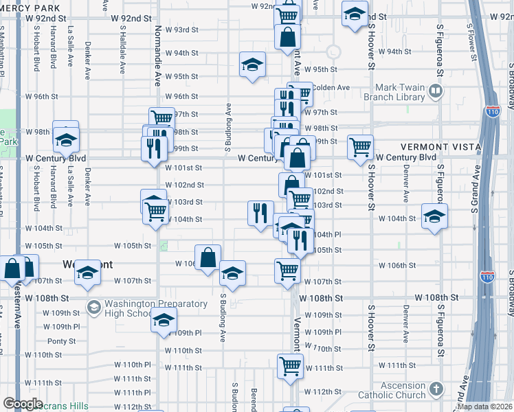 map of restaurants, bars, coffee shops, grocery stores, and more near 1100 West 103rd Street in Los Angeles