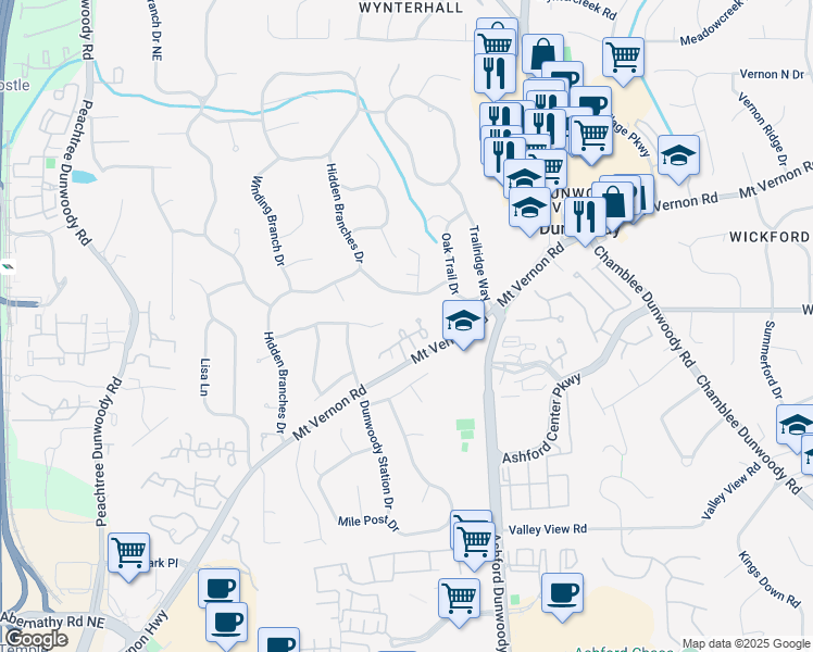 map of restaurants, bars, coffee shops, grocery stores, and more near 1144 Bellewood Square in Dunwoody